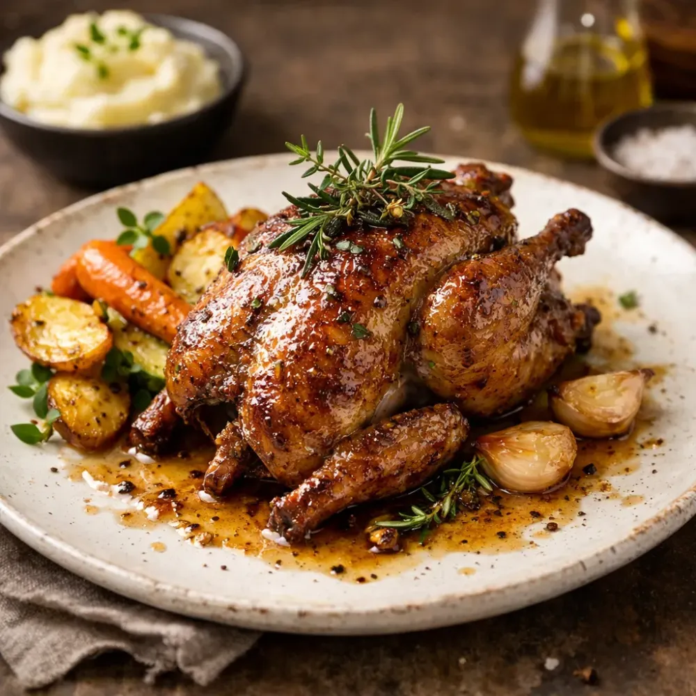 Pigeonneau rôti au miel et aux herbes